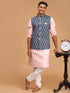 Vastramay Men's Gray Printed Cotton Nehru Jacket With Pink Kurta And White Pyjama Set